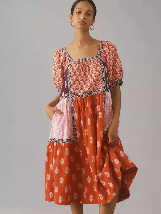 Anthropologie Maeve Midi Dress Women’s small Shortsleeve Square Neck Tape-Detail - Picture 1 of 9